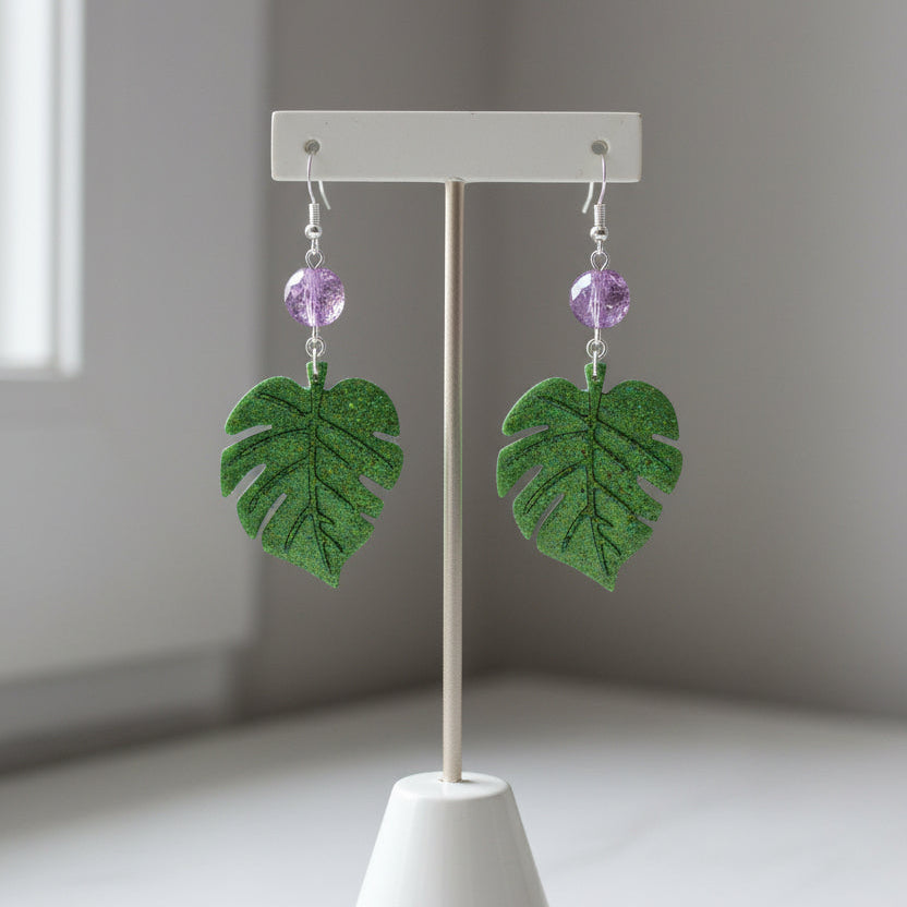 Textured Green Monstera Leaf Resin Dangle Earrings with Purple Crackle Glass Beads & .925 Sterling Silver Hooks