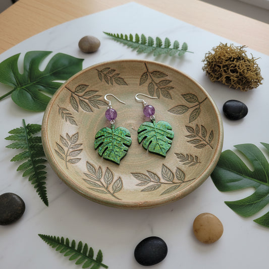 Textured Green Monstera Leaf Resin Dangle Earrings with Purple Crackle Glass Beads & .925 Sterling Silver Hooks