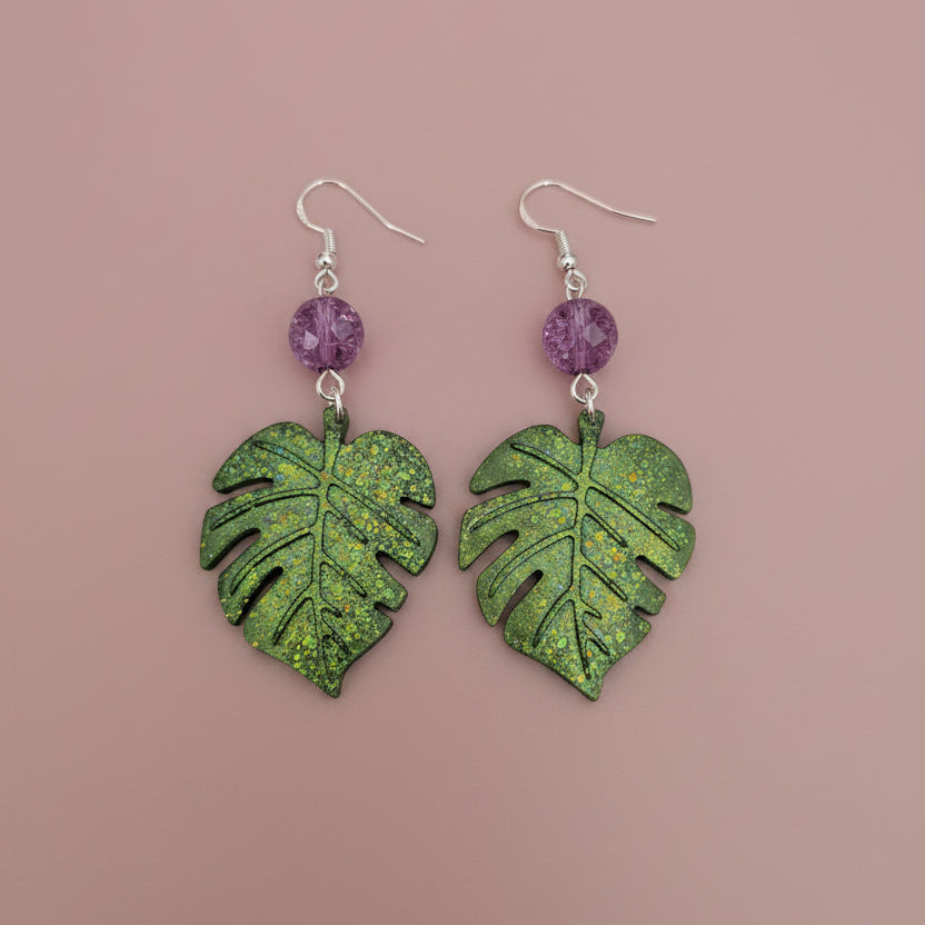 Textured Green Monstera Leaf Resin Dangle Earrings with Purple Crackle Glass Beads & .925 Sterling Silver Hooks