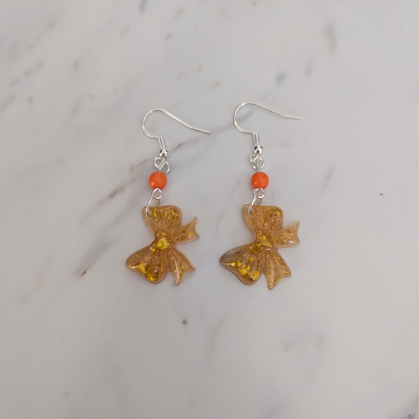 Resin Bow Earrings with Accent Bead & 925 Sterling Silver Hooks