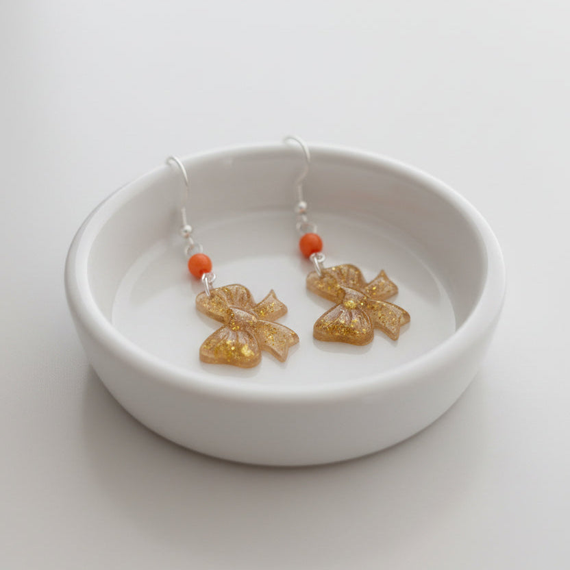 Resin Bow Earrings with Accent Bead & 925 Sterling Silver Hooks