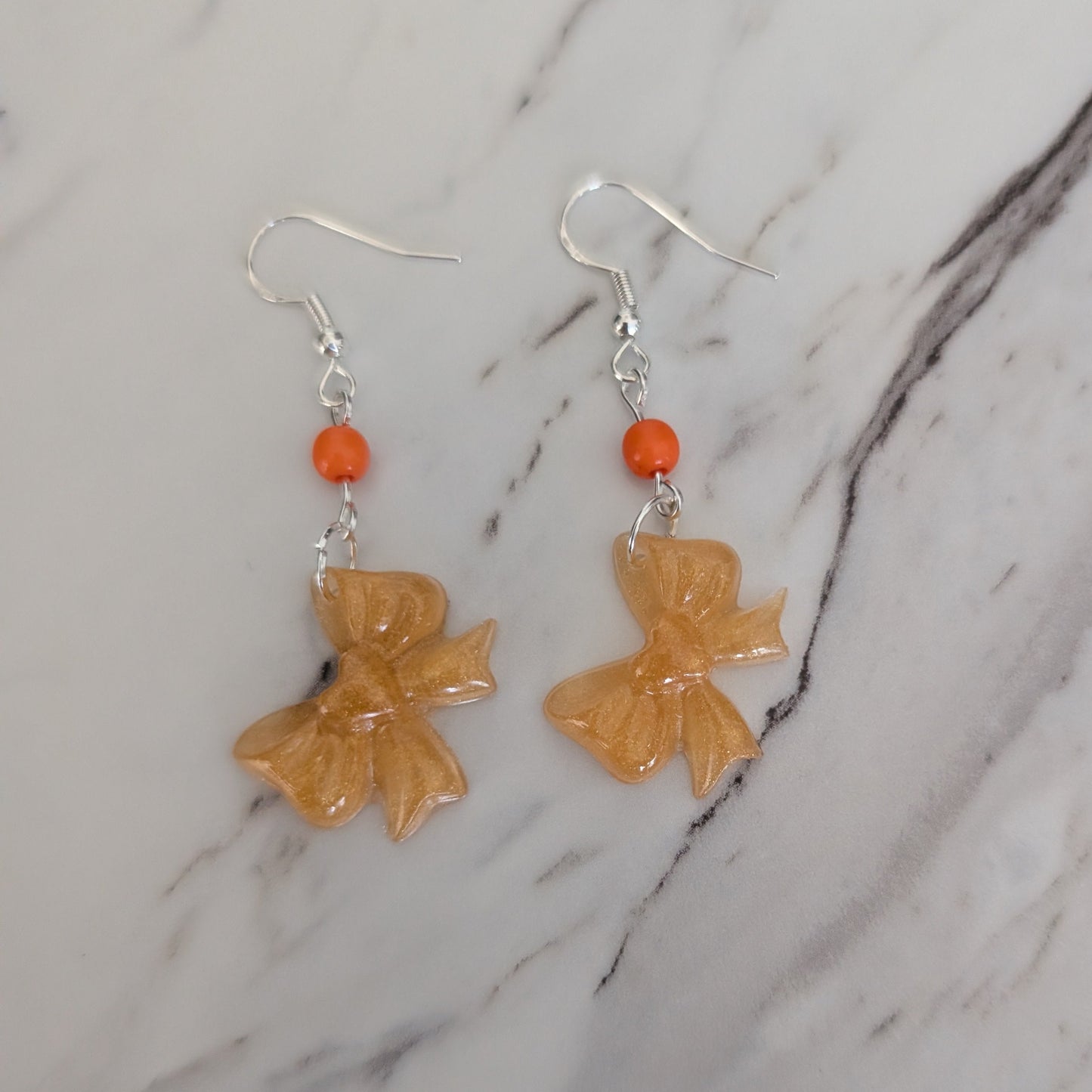 Resin Bow Earrings with Accent Bead & 925 Sterling Silver Hooks