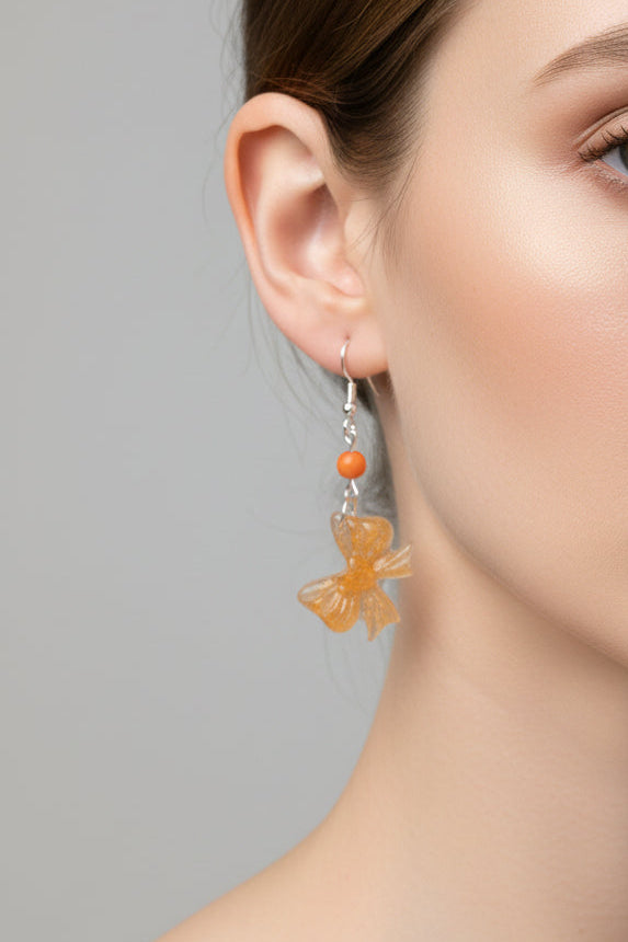 Resin Bow Earrings with Accent Bead & 925 Sterling Silver Hooks