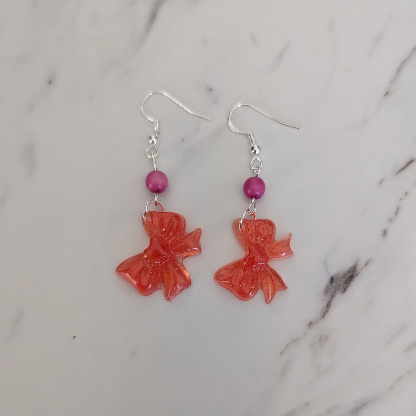 Resin Bow Earrings with Accent Bead & 925 Sterling Silver Hooks