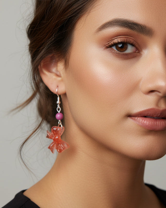Resin Bow Earrings with Accent Bead & 925 Sterling Silver Hooks