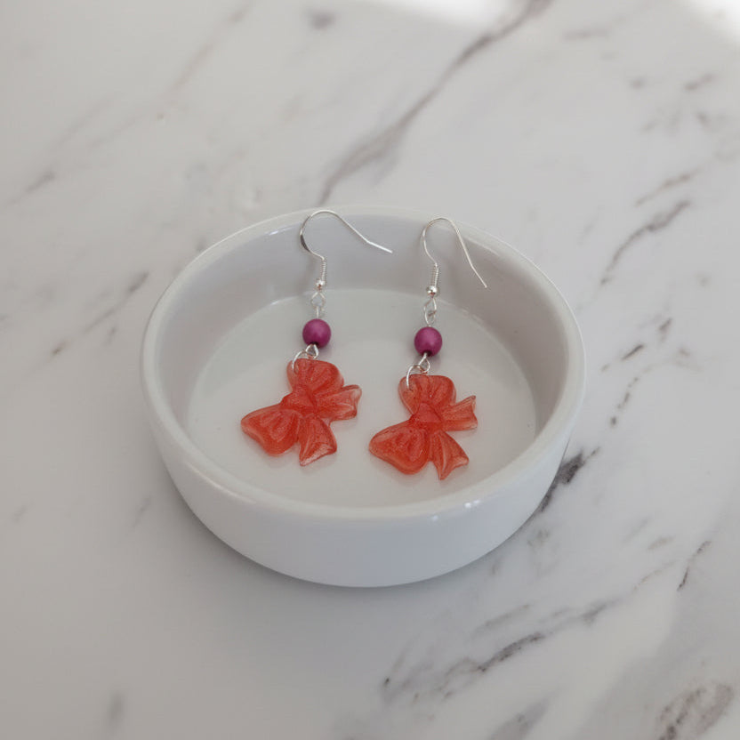 Resin Bow Earrings with Accent Bead & 925 Sterling Silver Hooks