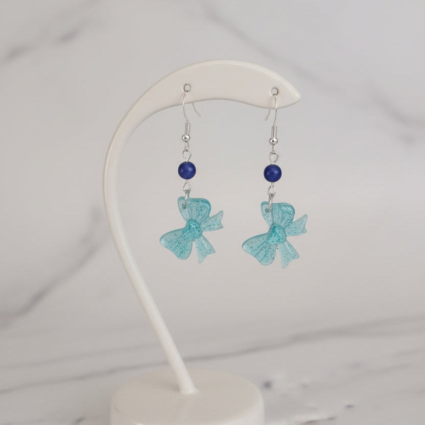 Resin Bow Earrings with Accent Bead & 925 Sterling Silver Hooks