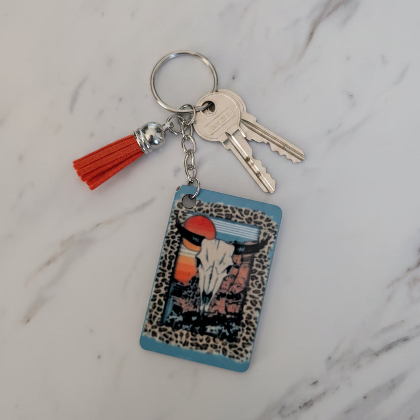 Boho Western Bull Skull Keychain | Double-Sided Sublimated Charm & Tassel