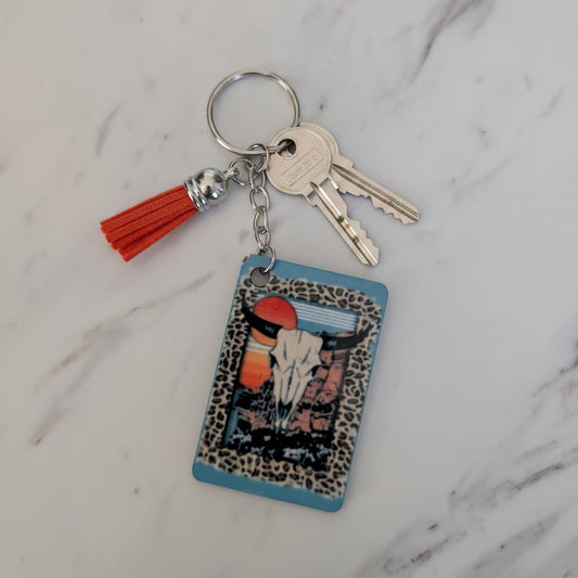 Boho Western Bull Skull Keychain | Double-Sided Sublimated Charm & Tassel