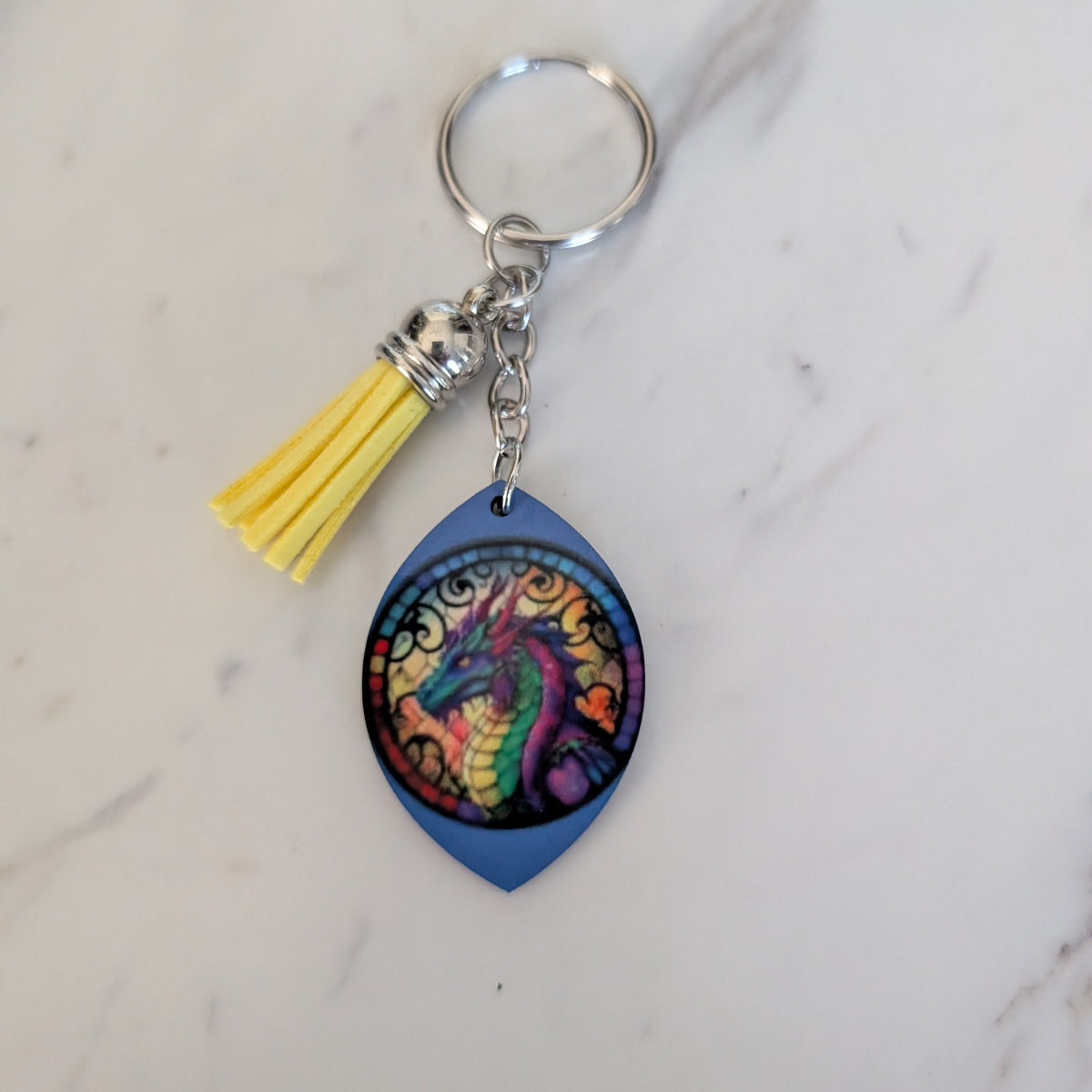 Stained Glass Dragon Keychain – Double-Sided Fantasy Bag Charm with Tassel