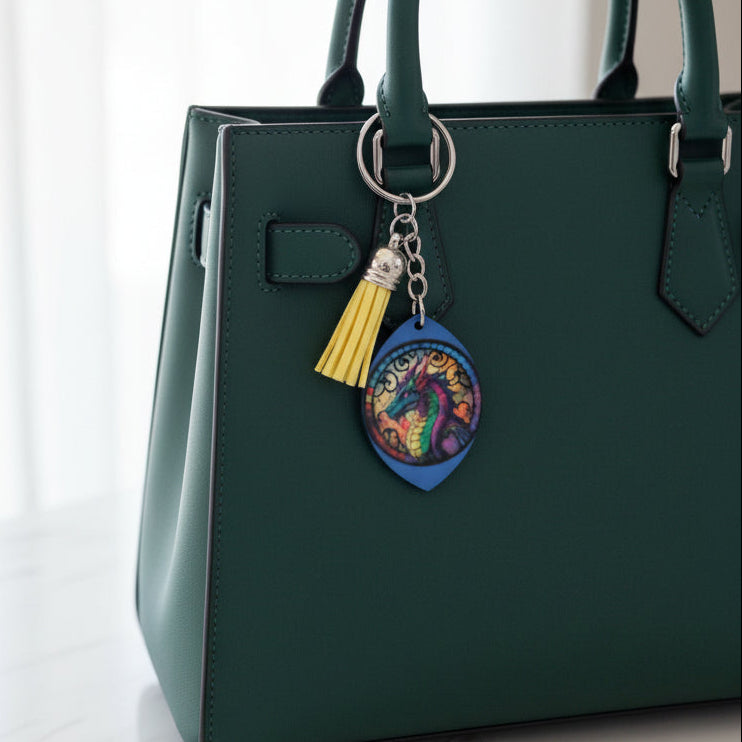Stained Glass Dragon Keychain – Double-Sided Fantasy Bag Charm with Tassel