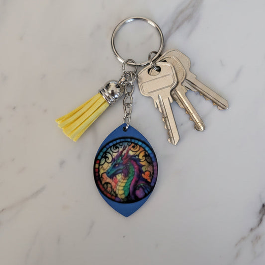 Stained Glass Dragon Keychain – Double-Sided Fantasy Bag Charm with Tassel