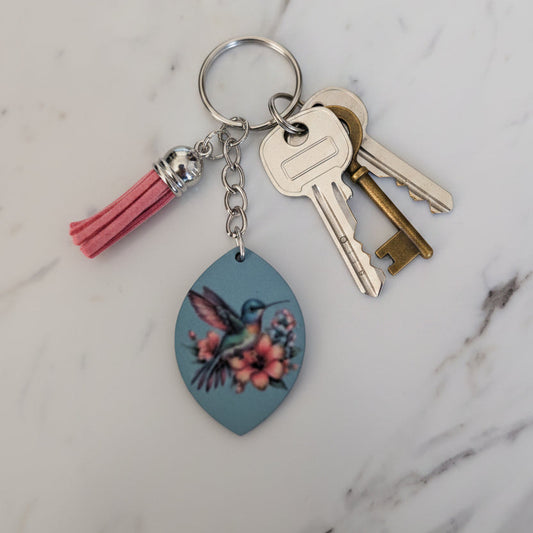 Floral Hummingbird Keychain – Double-Sided Sublimated Bag Charm with Pink Tassel