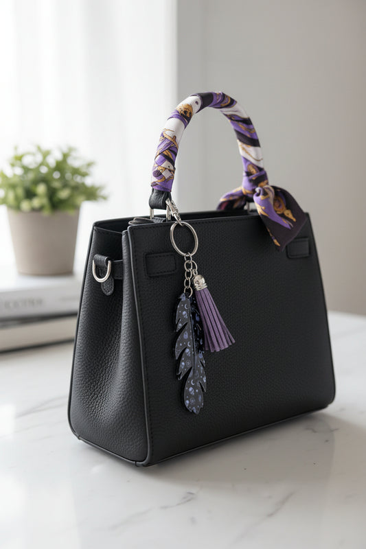 Purple Skull & Celestial Feather Keychain – Gothic Bag Charm with Fringe Tassel