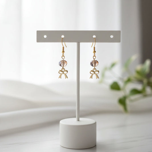 Gold Ribbon Bow & Faceted Crystal Dangle Earrings