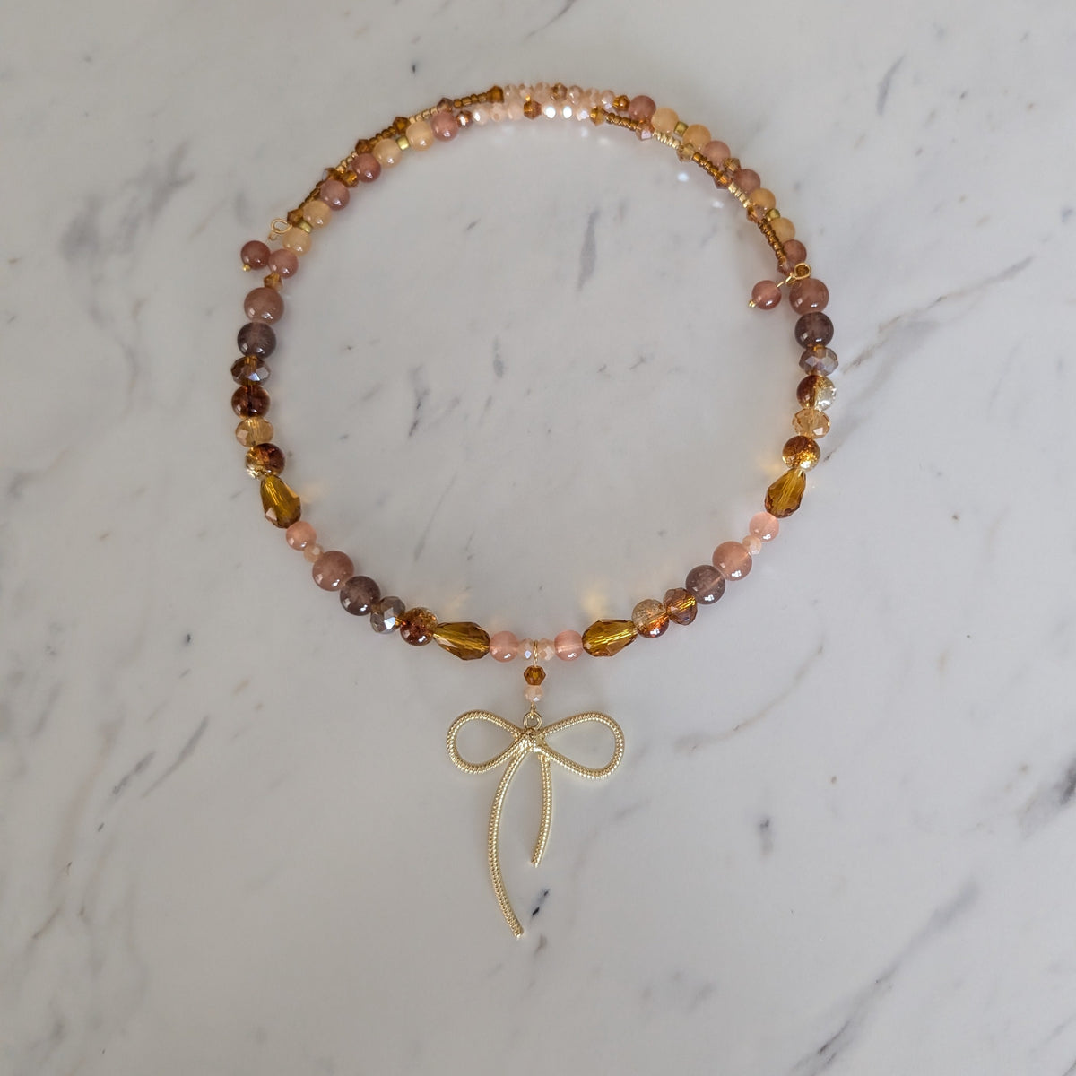 Warm Amber & Gold Bow Choker – Clasp-Free Crystal Memory Wire Collar