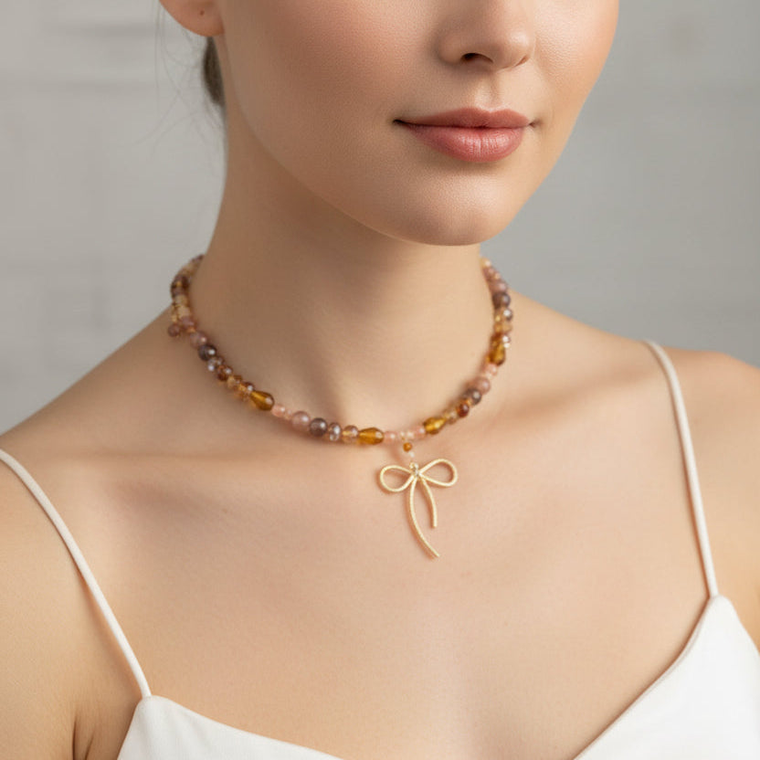 Warm Amber & Gold Bow Choker – Clasp-Free Crystal Memory Wire Collar