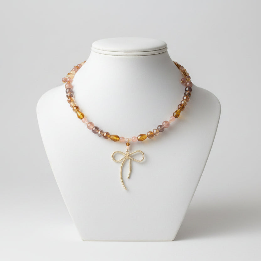 Warm Amber & Gold Bow Choker – Clasp-Free Crystal Memory Wire Collar