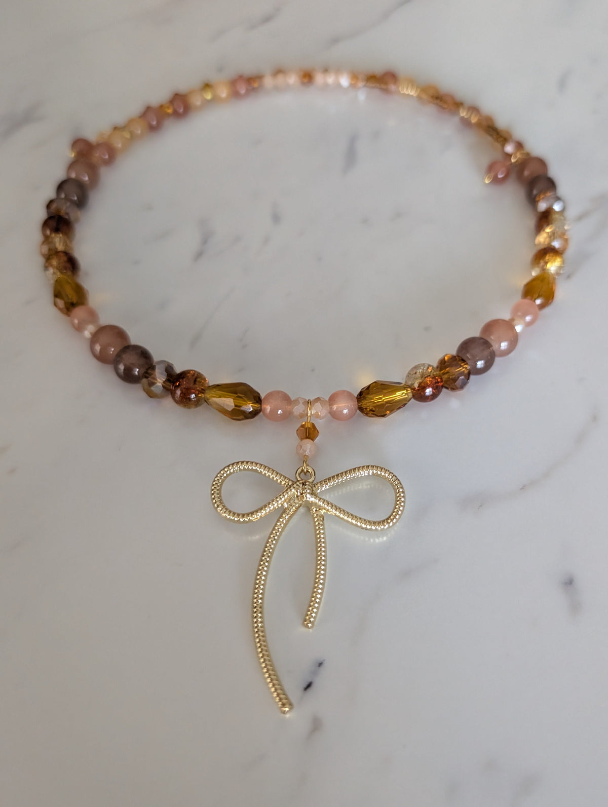 Warm Amber & Gold Bow Choker – Clasp-Free Crystal Memory Wire Collar
