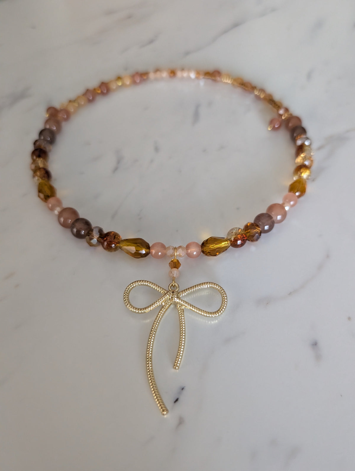 Warm Amber & Gold Bow Choker – Clasp-Free Crystal Memory Wire Collar