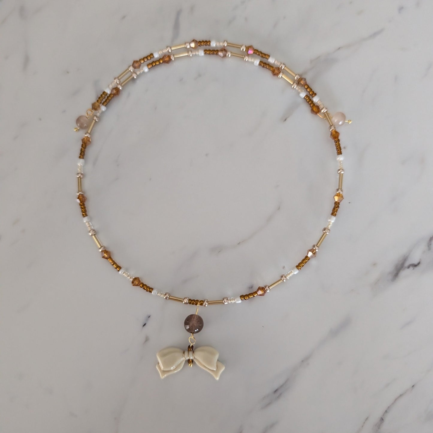 Czech Glass White Bow Memory Wire Choker – Brown & Gold Crystal Bead Collar