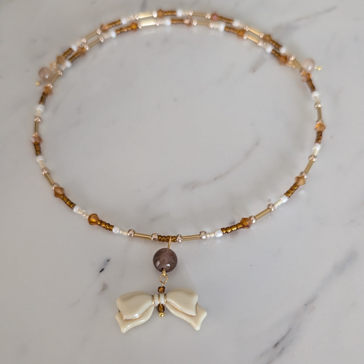 Czech Glass White Bow Memory Wire Choker – Brown & Gold Crystal Bead Collar