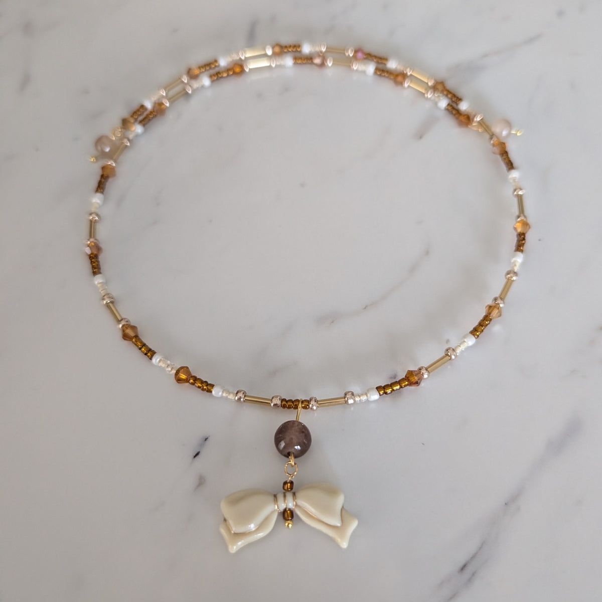 Czech Glass White Bow Memory Wire Choker – Brown & Gold Crystal Bead Collar