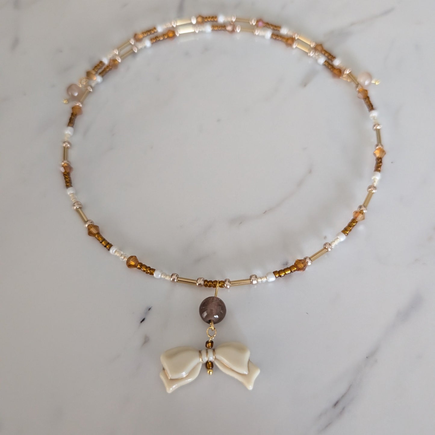 Czech Glass White Bow Memory Wire Choker – Brown & Gold Crystal Bead Collar
