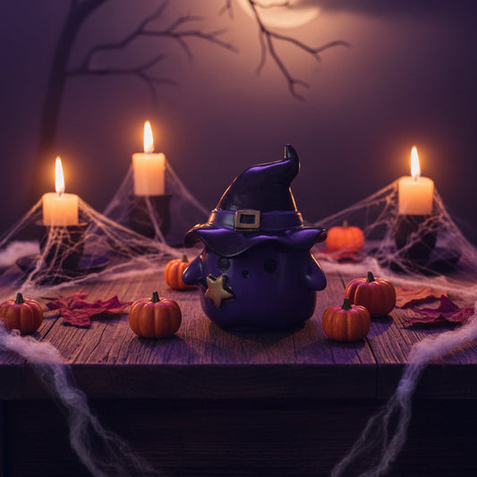 Handcrafted Resin Ghost Trinket Jar with Witch Hat Lid | Glow-in-the-Dark, Classic Pearl White & Mystical Purple