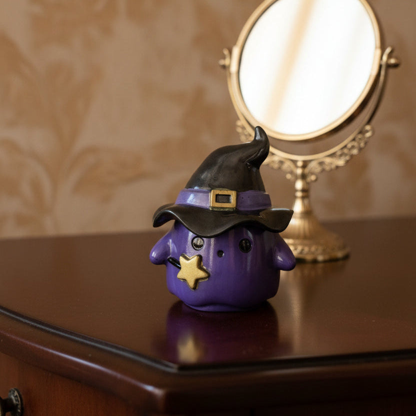 Resin Ghost with Witch Hat Lid (Trinket Jar & Votive Holder) - Handcrafted Decor
