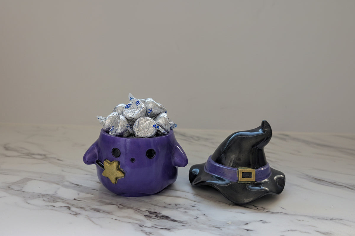Resin Ghost with Witch Hat Lid (Trinket Jar & Votive Holder) - Handcrafted Decor