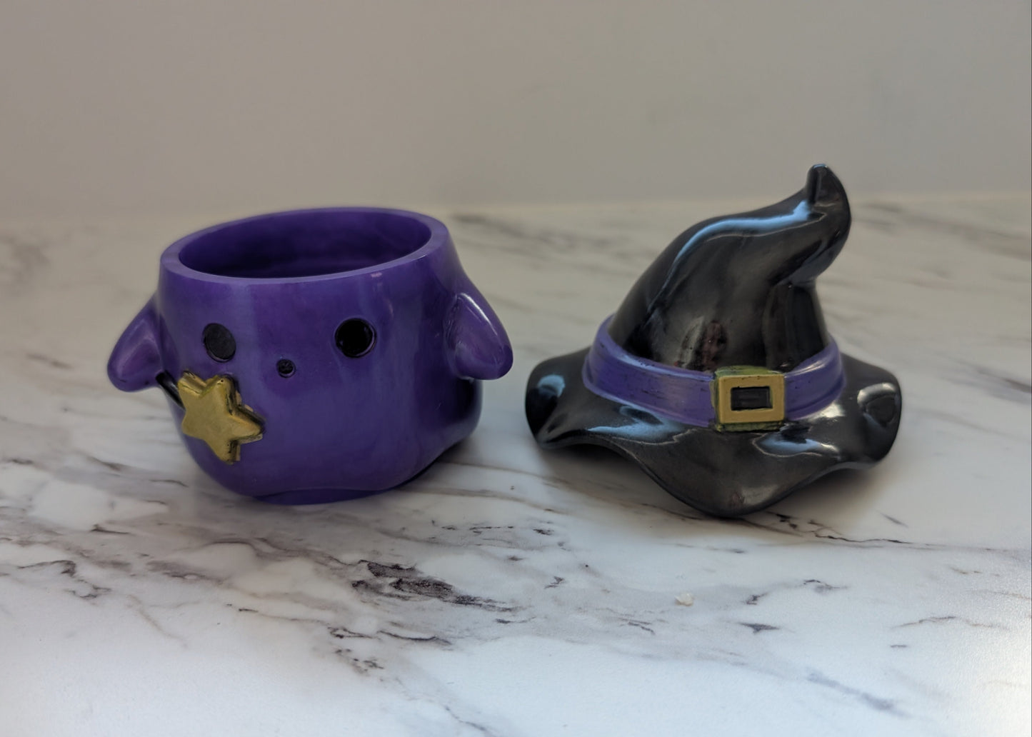 Resin Ghost with Witch Hat Lid (Trinket Jar & Votive Holder) - Handcrafted Decor