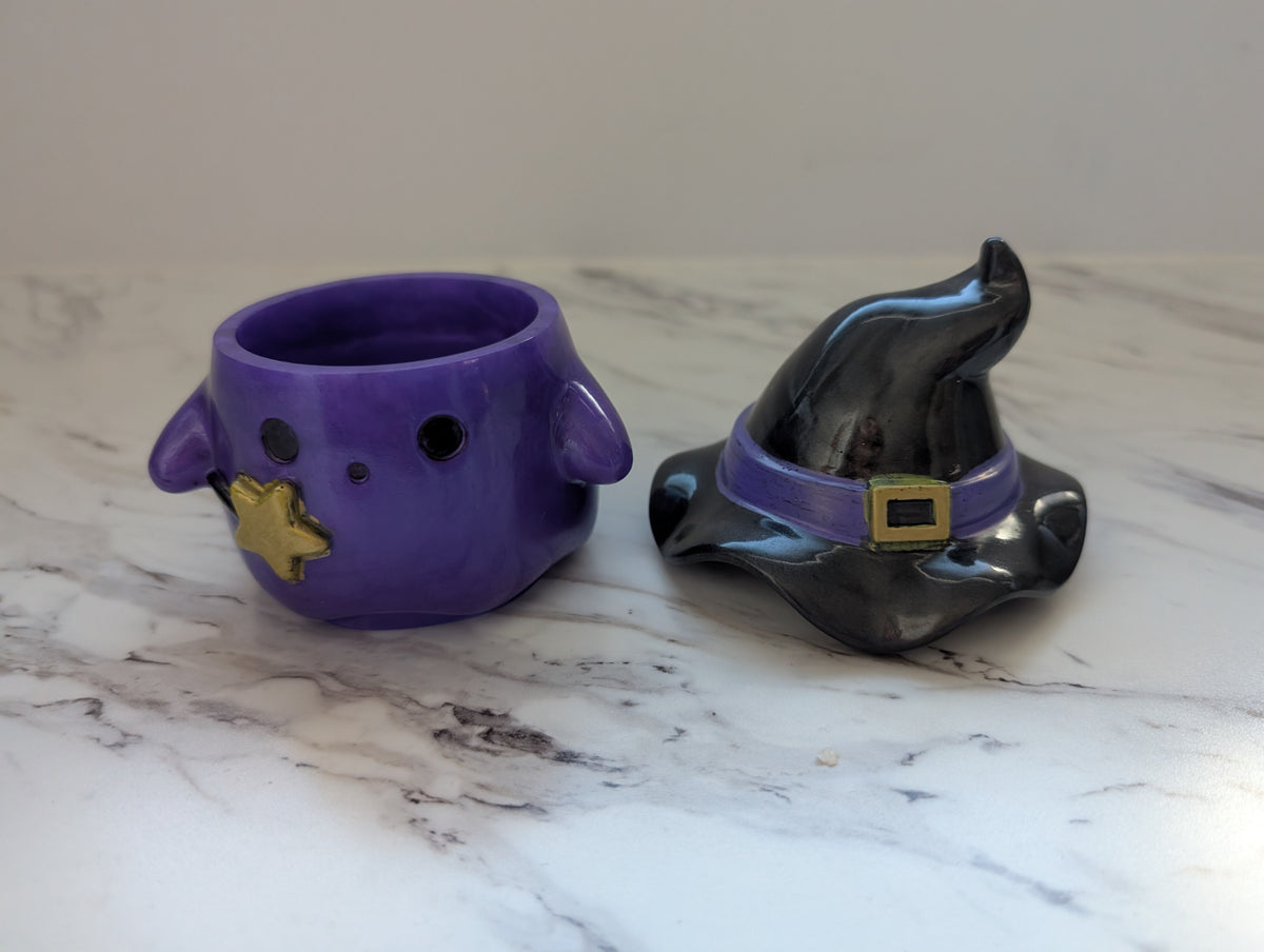 Resin Ghost with Witch Hat Lid (Trinket Jar & Votive Holder) - Handcrafted Decor