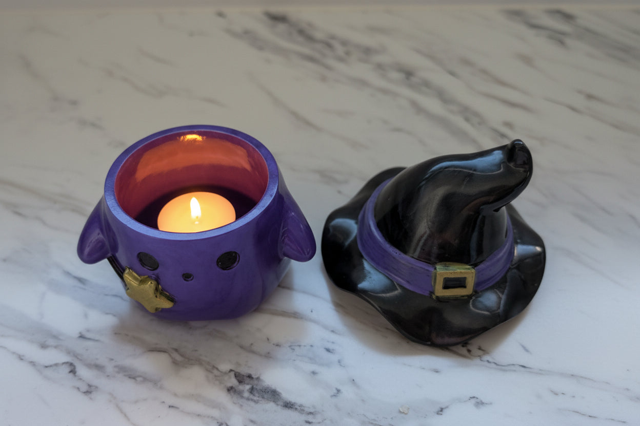 Resin Ghost with Witch Hat Lid (Trinket Jar & Votive Holder) - Handcrafted Decor
