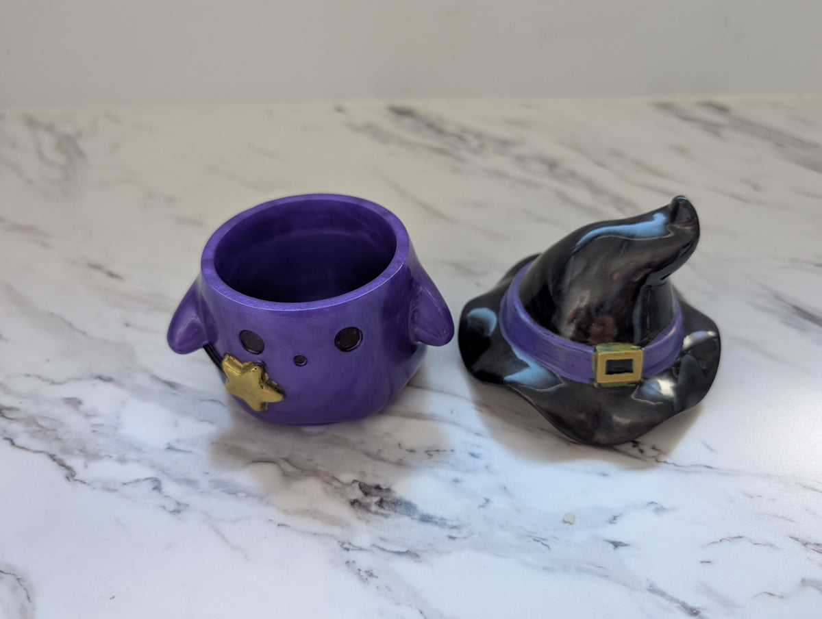 Resin Ghost with Witch Hat Lid (Trinket Jar & Votive Holder) - Handcrafted Decor