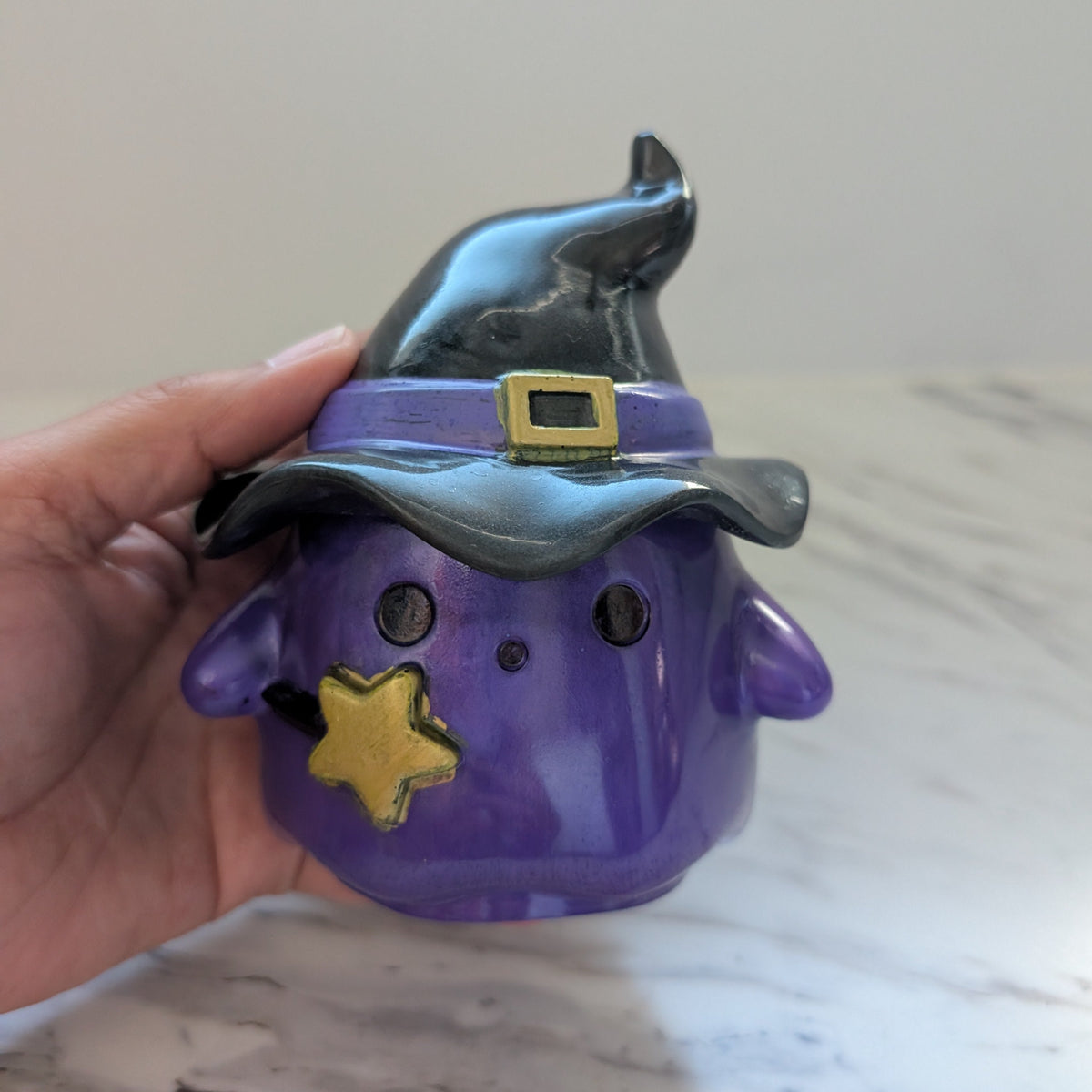 Resin Ghost with Witch Hat Lid (Trinket Jar & Votive Holder) - Handcrafted Decor