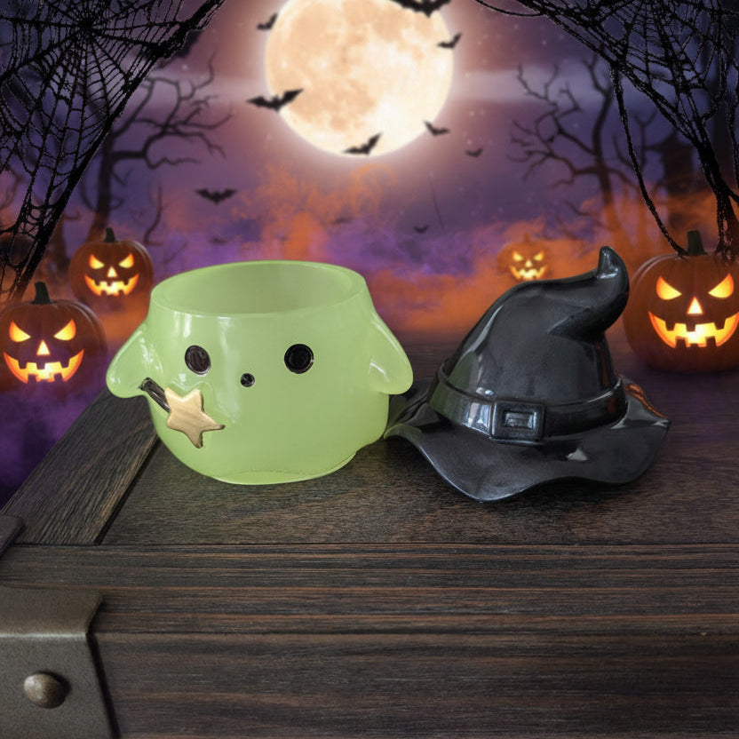 Handcrafted Resin Ghost Trinket Jar with Witch Hat Lid | Glow-in-the-Dark, Classic Pearl White & Mystical Purple