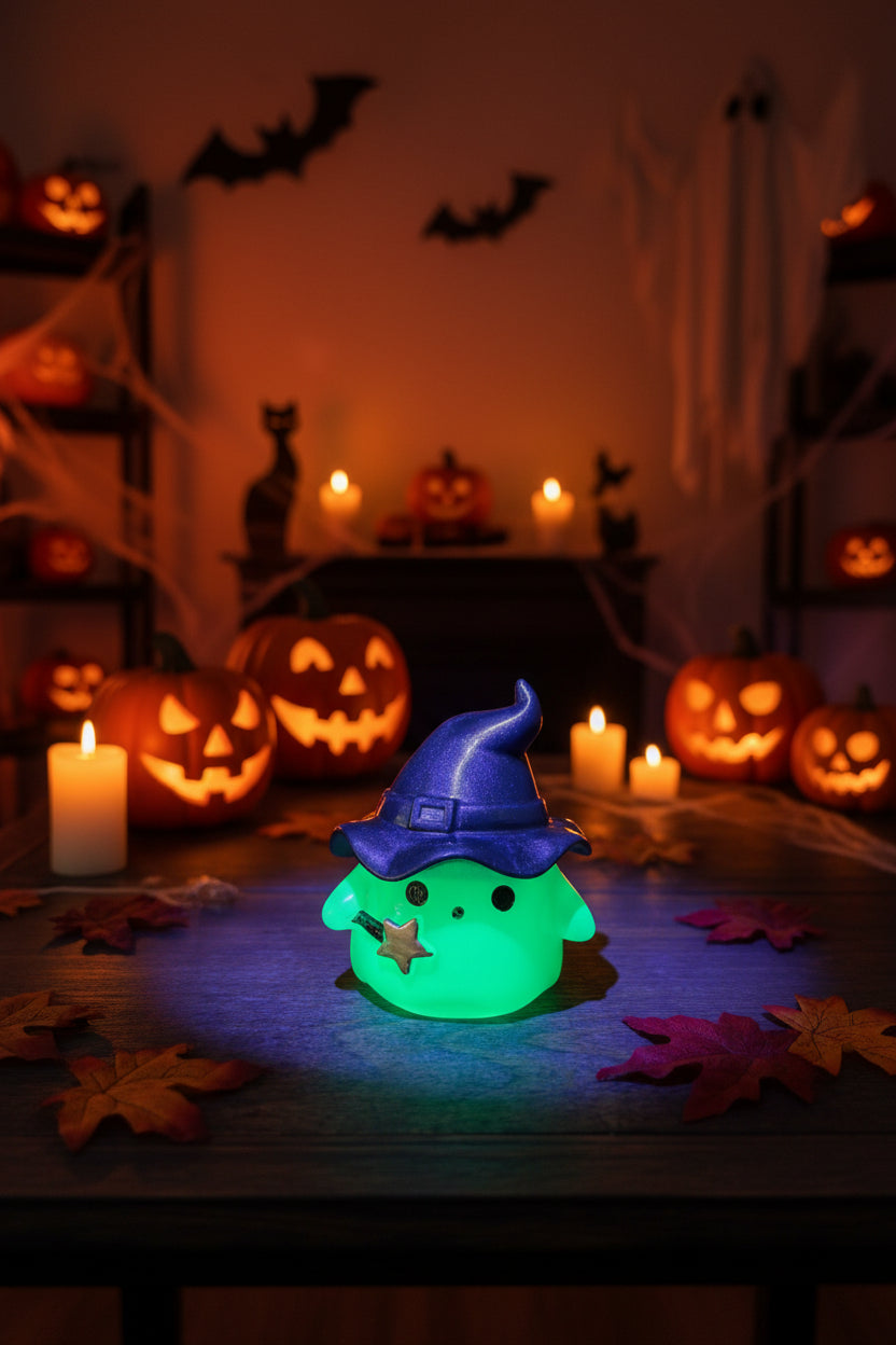 Handcrafted Resin Ghost Trinket Jar with Witch Hat Lid | Glow-in-the-Dark, Classic Pearl White & Mystical Purple