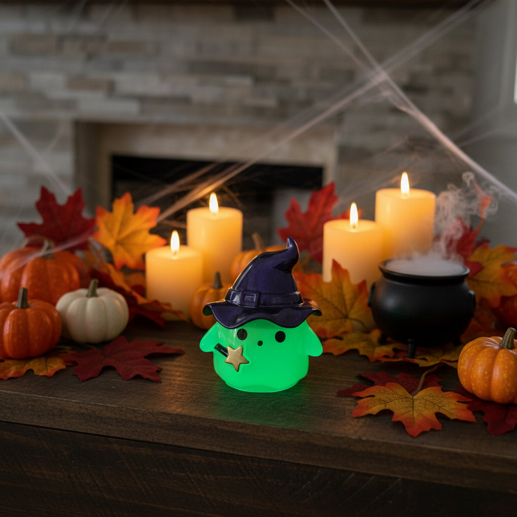 Handcrafted Resin Ghost Trinket Jar with Witch Hat Lid | Glow-in-the-Dark, Classic Pearl White & Mystical Purple
