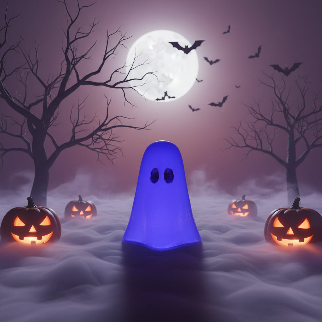 Glowing purple resin ghost trinket surrounded by lit jack-o'-lanterns, fog, and full moon background for Halloween decor inspiration.