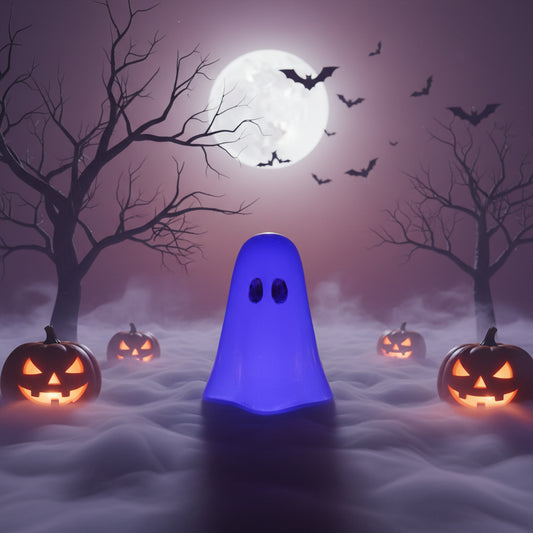 Glowing purple resin ghost trinket surrounded by lit jack-o'-lanterns, fog, and full moon background for Halloween decor inspiration.