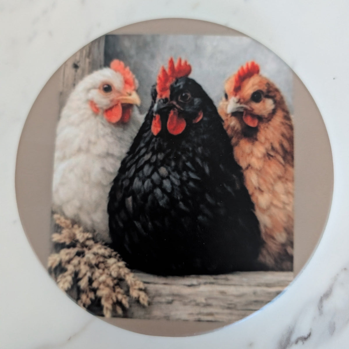 Three Hens Sublimated Ceramic Coaster, Farmhouse Kitchen & Drink Decor