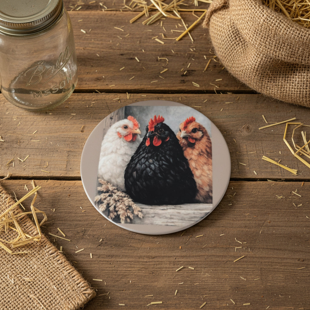 Three Hens Sublimated Ceramic Coaster, Farmhouse Kitchen & Drink Decor