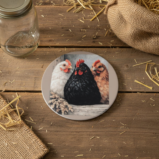 Three Hens Sublimated Ceramic Coaster, Farmhouse Kitchen & Drink Decor