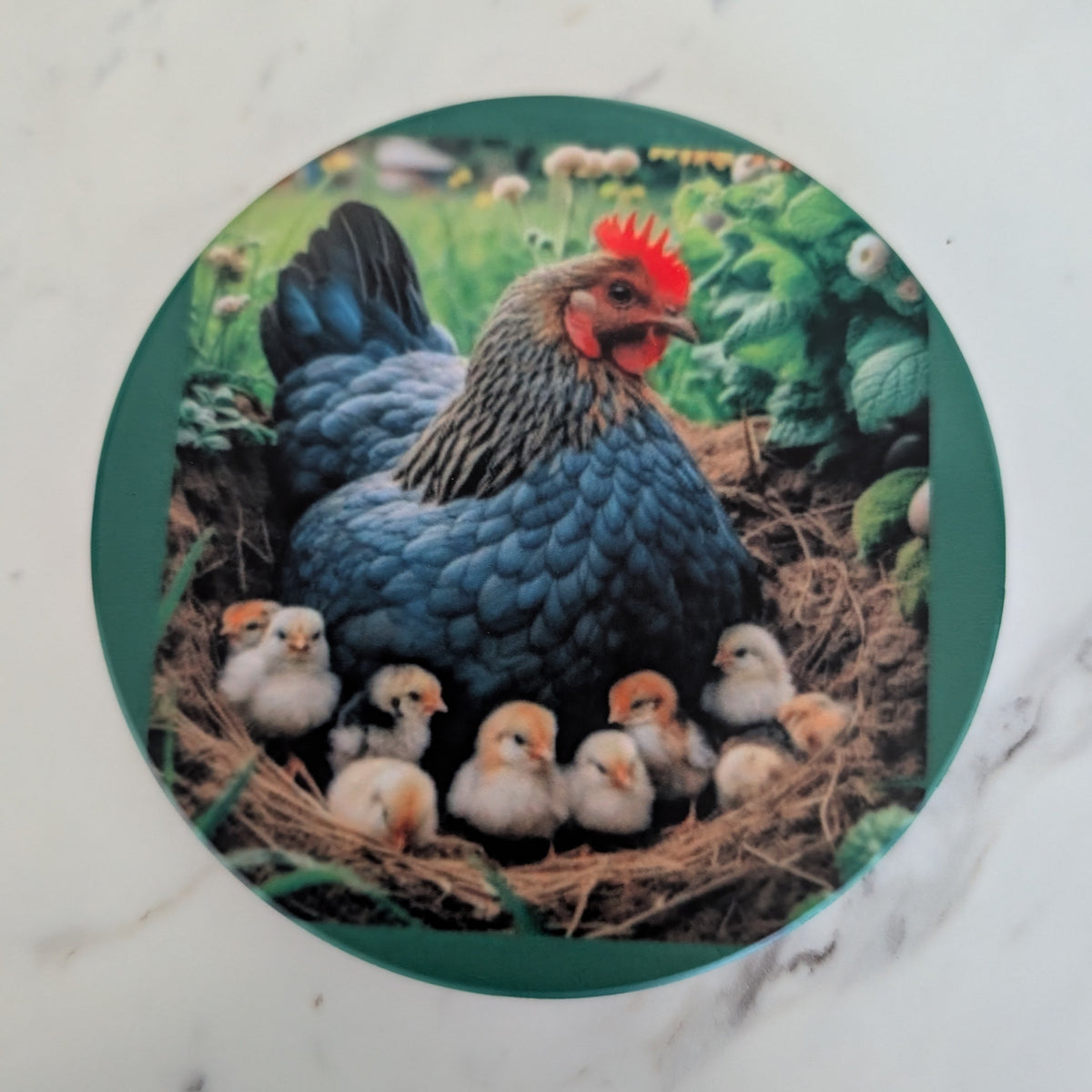 Mother Hen with Chicks Ceramic Coaster, Farmhouse Nesting Drink Decor