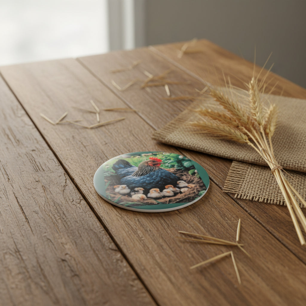Mother Hen with Chicks Ceramic Coaster, Farmhouse Nesting Drink Decor