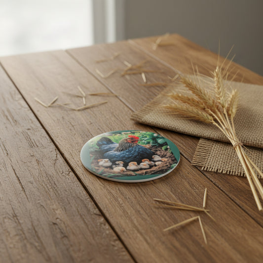 Mother Hen with Chicks Ceramic Coaster, Farmhouse Nesting Drink Decor