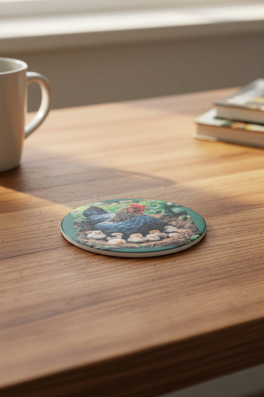 Mother Hen with Chicks Ceramic Coaster, Farmhouse Nesting Drink Decor