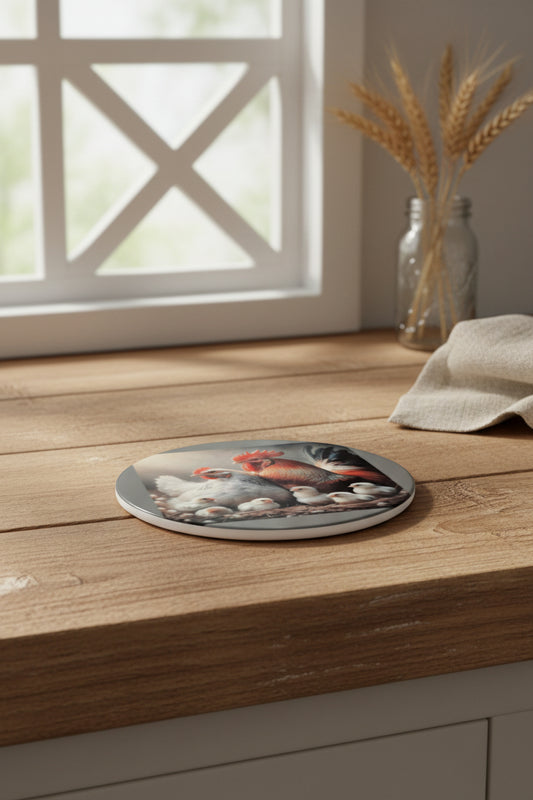 Rooster Hen and Chicks Round Ceramic Coaster, Cottage core Drink Coaster Gift