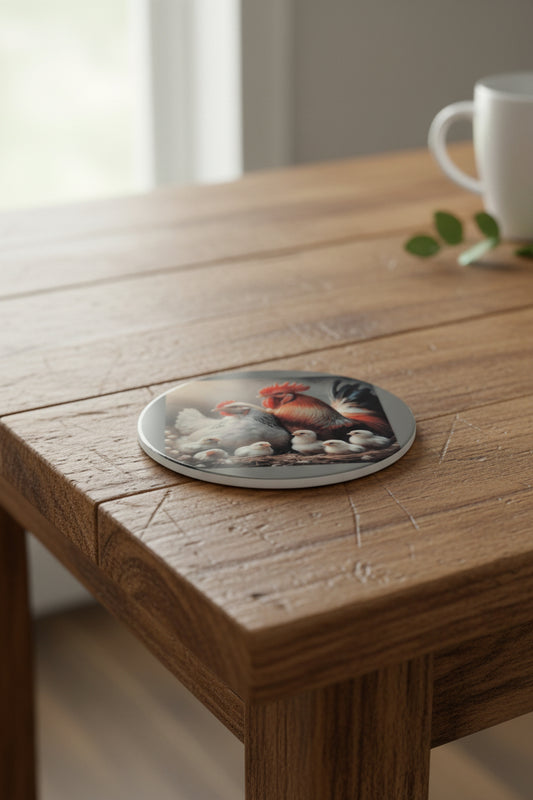 Rooster Hen and Chicks Round Ceramic Coaster, Cottage core Drink Coaster Gift